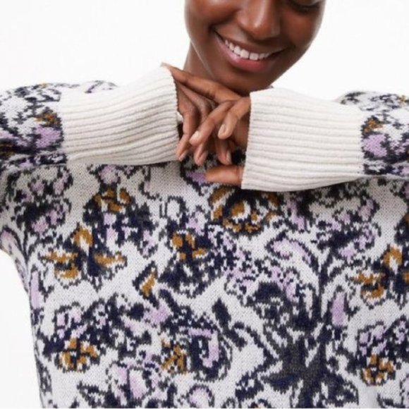 LOFT Knit Wool Blend Floral Chunky Sweater M - Picture 2 of 8